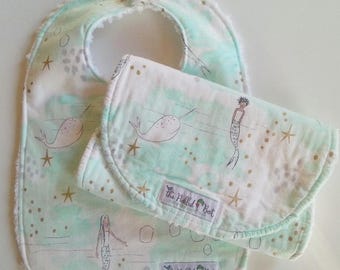 Mermaid Bib - Mermaid Burp Cloth - Baby Bibs Handmade - Burp Cloth - Sarah Jane Magic - Bib & Burp Cloth - Baby Girl Bib - Baby Bib Set