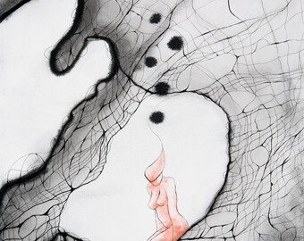 Art abstrait contemporain - Encres sur papier " Cavités" Oeuvre originale - Encre de chine noire et encre rouge