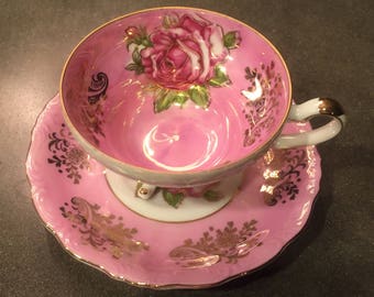 Vintage L M Royal Halsey Pink/Gold Tea Cup and Saucer Set! Scalloped Edge, Bone China, Very Fine.