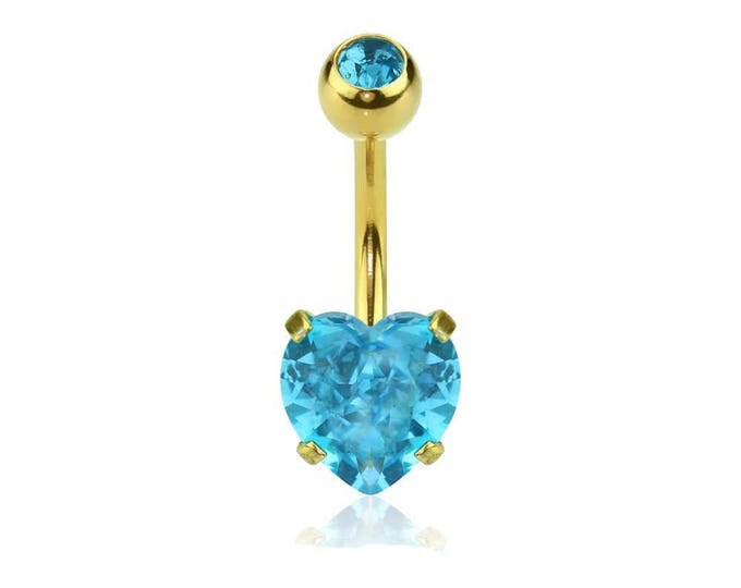 Gold Plated Prong Set Heart CZ 316L Surgical Steel Navel(Belly) Ring