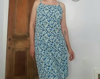 Vintage Blue Floral Spaghetti-Strap Dress by Rave City