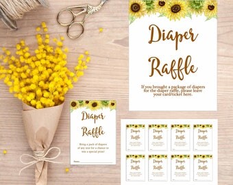 Sunflower Diaper Raffle cards tickets, Diaper Raffle Sign, Printable Digital Download, gla0023