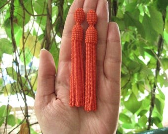 Long Beaded Orange Tassel Earrings On Studs Oscar De La Renta Earring Style, Orange Long Earrings, Orange Beaded Tassel