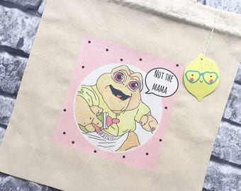 90s tv show Baby Sinclair Dinosaurs hand illustrated natural cotton tote bag.