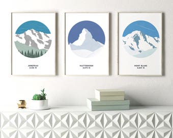Set of 3 Mountain Prints, Alp Prints, Mountain Art, Jungfrau, Matterhorn, Mont Blanc