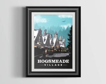 Hogsmeade village. Retro travel poster. Harry potter. Vintage