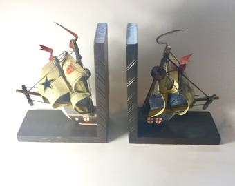 midsentury wooden bookends with ship