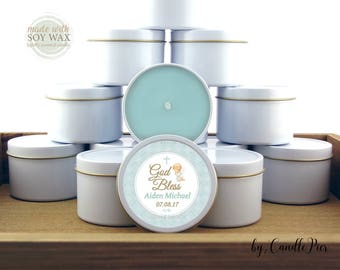 12 ct Blue Baptism favors, 4 oz tin candles, personalized soy candles, baby boy christening, blue candle favors, angel, cross design