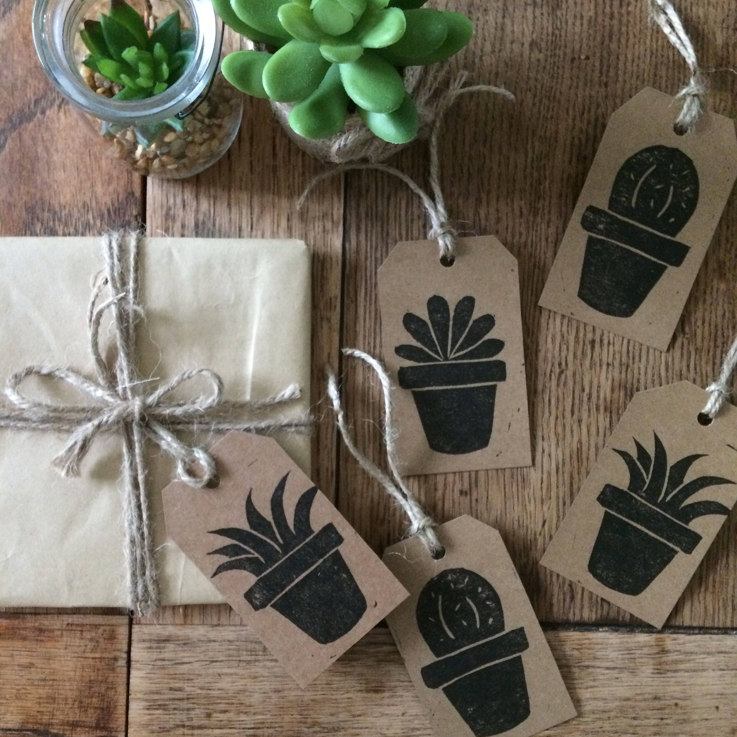 Pot plant gift tags, handmade tags, hand printed gift wrap, gift