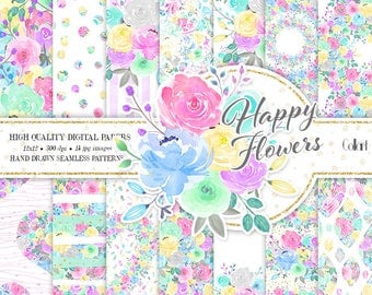 Floral Digital Paper Pack, Hand Drawn Watercolor Flowers, Planner Stickers, Seamless Patterns, Watercolor Flowers, Wedding Paper Pack