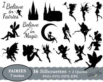 Fairies Silhouette Clip Art - 7 inches - Png - Svg - Eps - Dxf - Fairies - Fairy Svg - Cutting Files - Magic - Wings - INSTANT DOWNLOAD