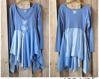 Blue upcycled tunic, Lagenlook tunic, artsy tunic, romantic tunic, Periwinkle tunic, Women's upcycled clothing, refashioned clothing, hearts