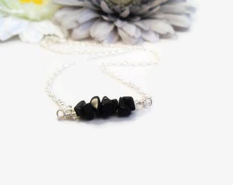 Black obsidian necklace, raw crystal bar jewelry, root chakra reiki healing crystals and stones, black gemstone, minimalist choker necklaces