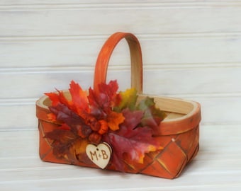 Flower Girl Basket and Ring Bearer Pillow Set Rustic Fall Wedding Decor Personalized with Wood Heart Charm