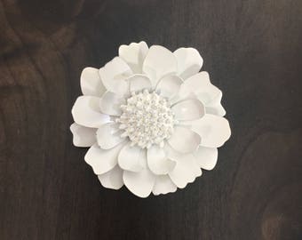 White Enameled Metal Vintage Flower Brooch | 1960's White Dimensional Floral Pin | Hippie Style Large Floral Brooch