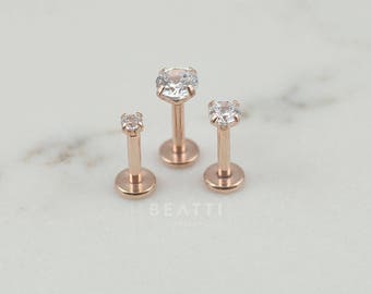 Rose gold CZ stud Tragus Earring/2mm/3mm/4mm/Labret/Cartilage earring/Tragus stud/Internal thread/Lip rings/Monroe/Forward helix
