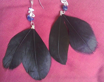 Boho black feather and gemstone earrings