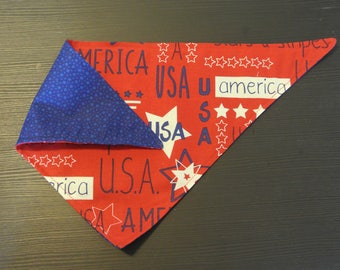 reversible patriotic fabric bandana for dog // puppy // america // USA // polka dot // flag // stars // red white blue // bandanna