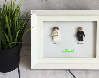 Lego Figure Picture Frame, Geeky Gifts, Nerdy Wedding Gift, Cute Anniversary Gift, Starwars Gift, Bridal Shower Gift, Leia & Luke