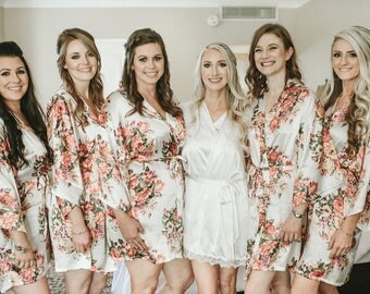 Floral Satin Robes with Initial Monograms- Three Letter Monograms in your Thread Color