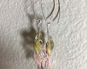Champagne and green glass leaves on sterling silver ear wire