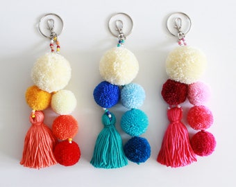 Pom Pom Keychain, Tassel Keychain, Pom Pom Bag Charm, Boho Keychain, Pom Pom Key Chain, Orange Blue Pink, Tassel Pom Pom Bag Charm
