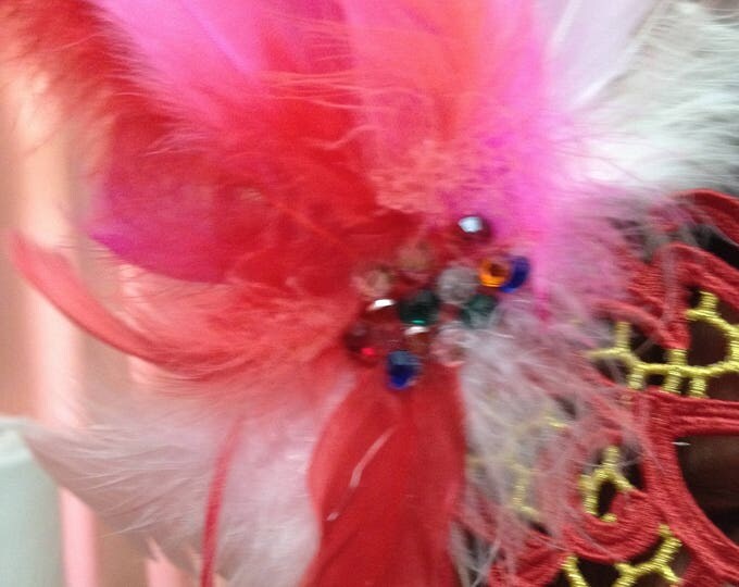 Red Feathered Masquerade Mask with Metallic Thread Webbing - Pink, Red & White feathers with Jewels and Ribbon Accents Wooden Dowel