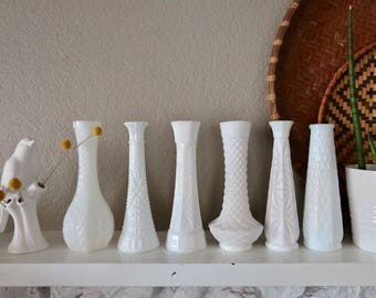 Set of 6 Vintage Milk Glass Vases, Diamond Cut Milk Glass, White