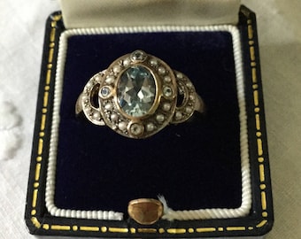best price - Vintage SEED PEARL AQUAMARINE Ring - Sterling silver - Sparkly aquamarine - Genuine small fine pearl - Stunning vintage Ring