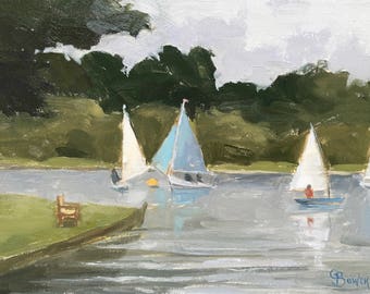 Landscape Original Oil Painting Framed, Yachts Frensham Pond