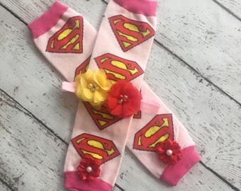 Super girl leg warmers with matching flower headband/ baby leg warmers