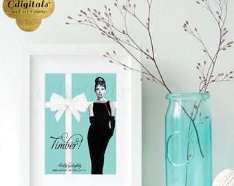 Audrey Hepburn as Holly Golightly in Breakfast at Tiffany's Party Theme, quote signs decorations, bridal shower, 5x7. {Blue/White Ribbon}
