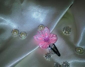 pink flower hair clip Butterfly made with Heart Rhinestone pink and white satin ribbon