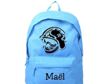 bag has blue personalized name with fireman helmet