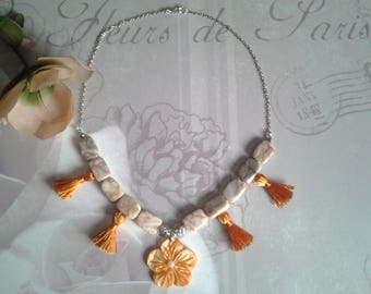 Jasper stones and mother of Pearl Flower necklace