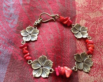 Red, vintage bracelet, natural stones, gems, retro