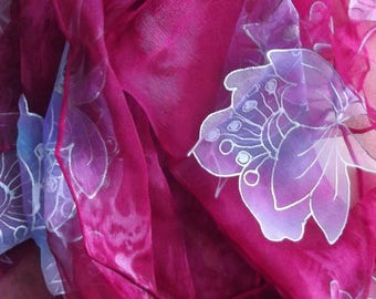 Silk chiffon scarf raspberry "Christmas flower"