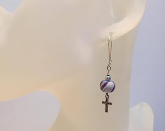 Fimo purple cross earrings