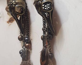 Bird Skull Dangly Earrings Skeleton Feather Chains Baubles Witchy Halloween
