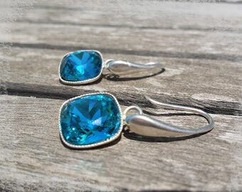 Swarovski square aquamarine Silver 925 stud earring