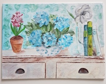Bouquet of hydrangeas on shabby chic Dresser