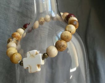 Bracelet beads gemstone semi precious Brown and beige pattern