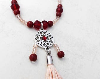 Necklace adjustable dreamcatcher nude color and Red Crystal beads and cotton tassel