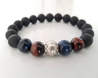 Mens bracelet eye of Hawk, red Tiger eye, onyx Matt/man