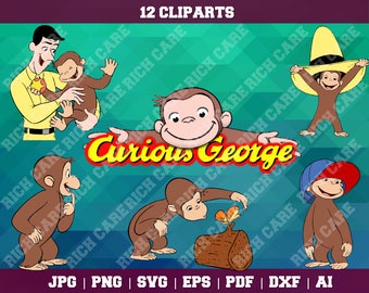 Curious George Clipart – 12(Svg, Eps, Png, Jpg Files) – 300 PPI – Monkey Decoration – Monkey Printable – Monkey Birthday – Monkey Invitation