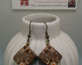 #65 # polymer diamond earrings, brown tone