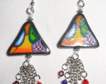 boucles d'oreille triangle mosaïque multicolor en pâte polymère