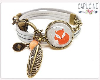 Fox Bracelet - Glass dome Bracelet - Silver et bronze Bangle - Charms Bracelet - bracelet with fox glass dome