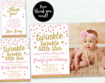 Twinkle twinkle little star first birthday invitation, Pink gold first birthday invitation,girl first birthday invitation,twinkle invitation