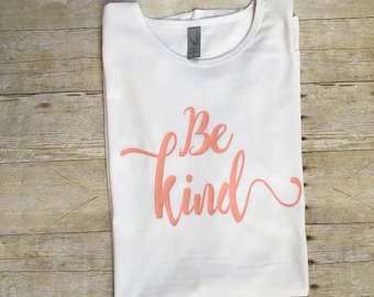 Be Kind curved tee salmon and white